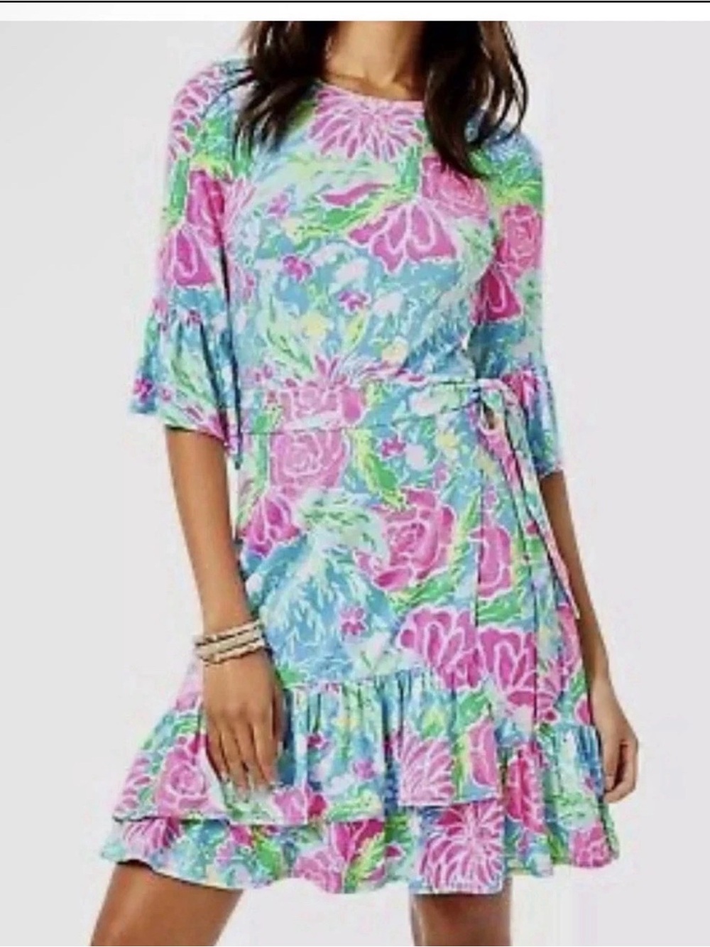 Women’s Lilly Pulitzer Kassi Wrap Dress Zanzibar Blue Size Large Preppy Neon